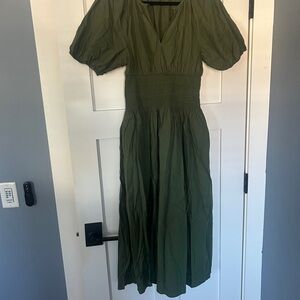 J. Crew Deep Olive Green Midi Dress with Puff Sleeves and V-Neckline